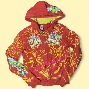 Ed Hardy Red and Yellow Dragon Print Hoodie